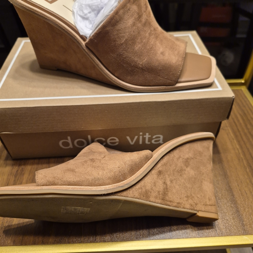 Dolce Vita Tan Suede Open-Toe Wedge Mules